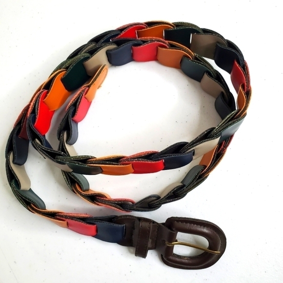 Multi-colored Interlocking Pieced Faux Leather Belt Boho Retro - Picture 5 of 6